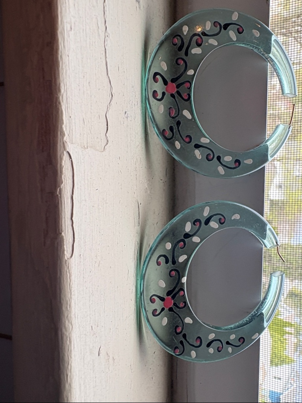 Hand-Painted Teal Glass Hoop Earrings with Pink Accents